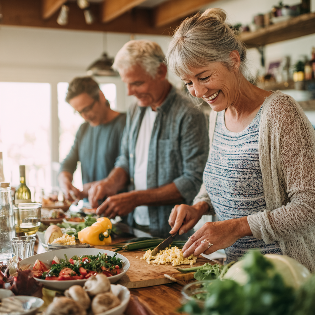 Middle-aged adults enjoying healthy meal preparation together in bright kitchen